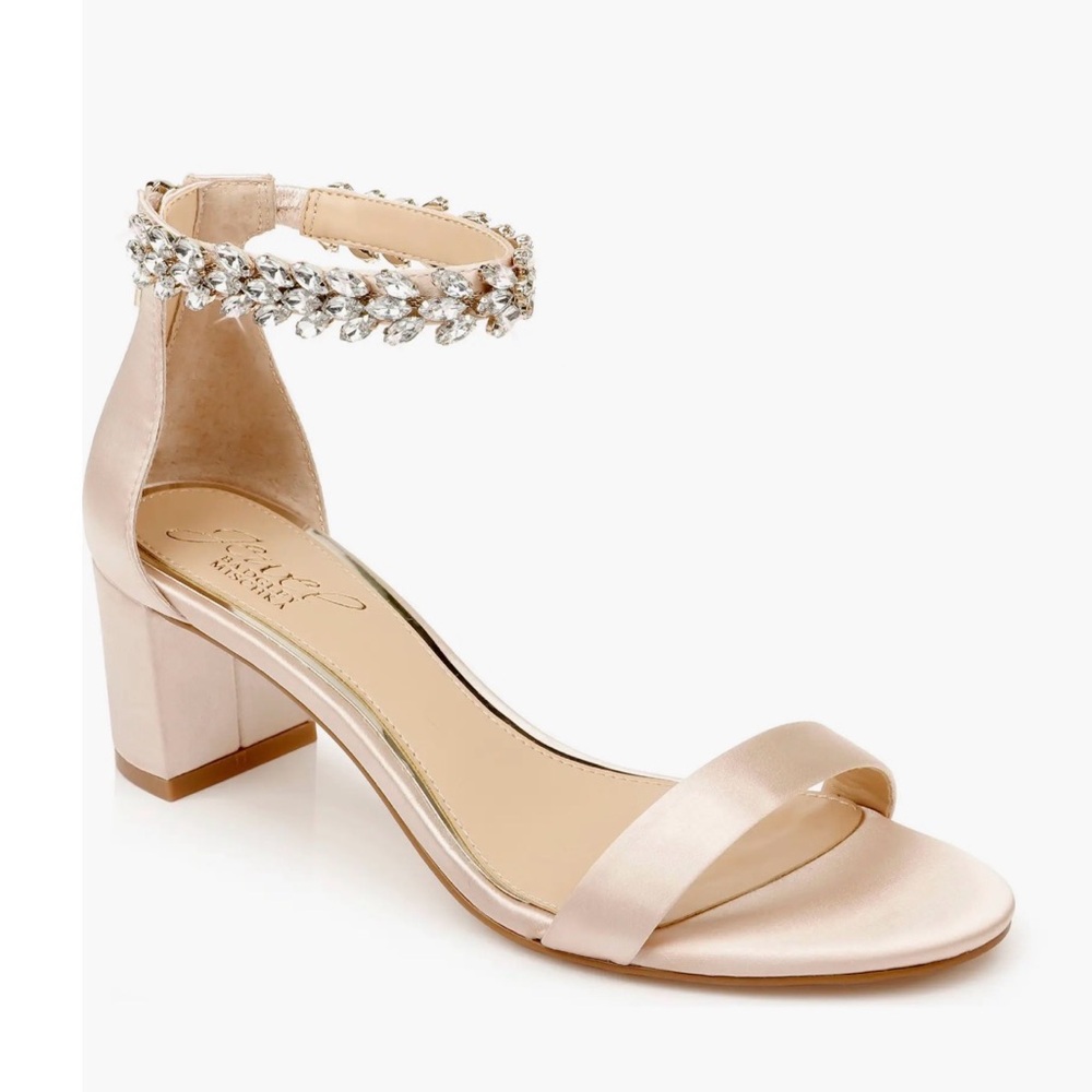 Badgley Mischka Blush Satin Crystal-Ankle Block Heel Sandal - Picture 1 of 7